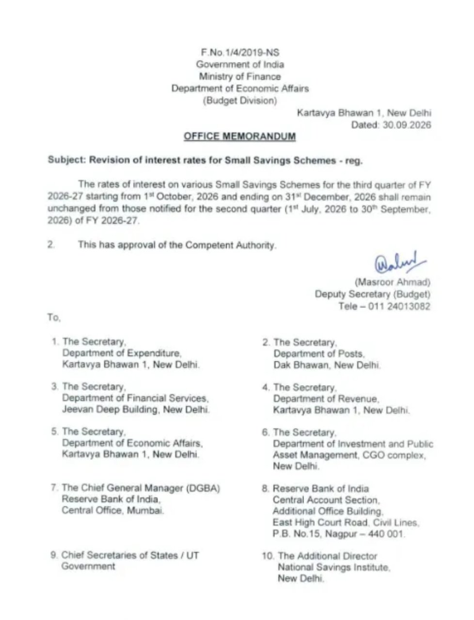 Small Savings Schemes New Interest List